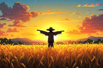 夕阳余晖中的田野稻草人