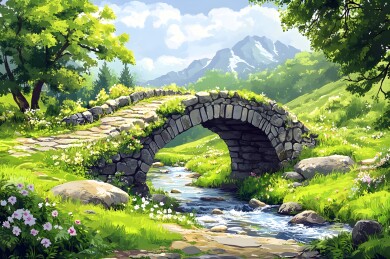 石桥上青苔点缀的溪流与远山