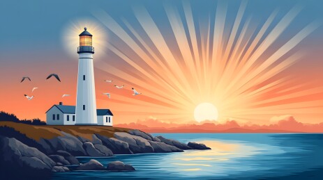 阳光下的灯塔与蔚蓝海景
