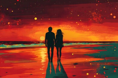 落日余晖下情侣漫步沙滩