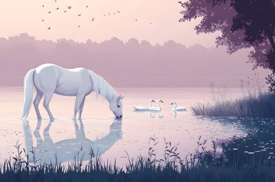 湖边白马饮水天鹅游弋
