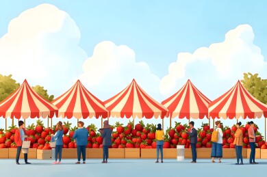 水果摊上整齐排列的鲜艳草莓