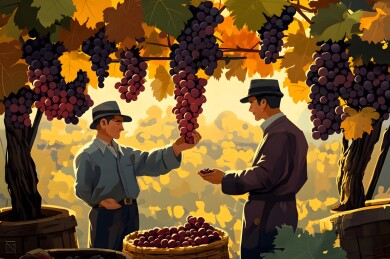 阳光下的葡萄架与品尝的游客