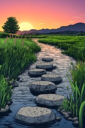 阳光下的乡间桥墩与宁静河流