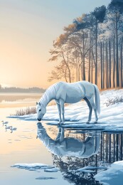 湖边白马饮水天鹅游弋