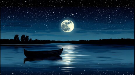 月光下湖面孤独的银色船影