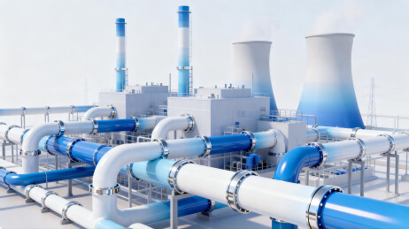 工业厂区蓝色管道与冷却塔