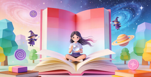 女孩翻开书本探索宇宙3D卡通插画背景