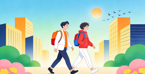 卡通风格学生上学通勤插画