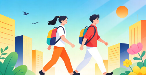 卡通风格学生上学通勤插画
