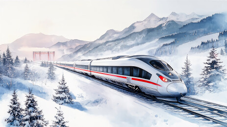 水墨画冬天行驶的高铁动车插画
