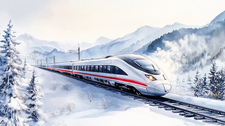 水墨画冬天行驶的高铁动车插画