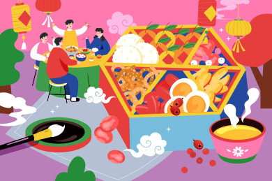 新年团圆饭美食矢量插画