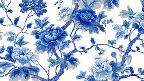 青花瓷风格花卉图案壁纸设计