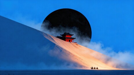 雪坡上的古建筑与明月