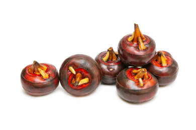 白色背景上的荸荠特写