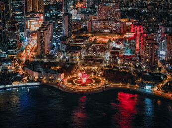 青岛五四广场城市地标建筑晚霞夜景航拍