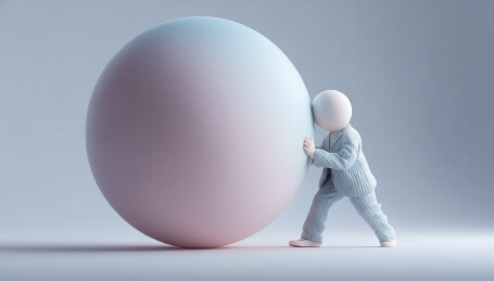 努力推着巨大球体的火柴人小人