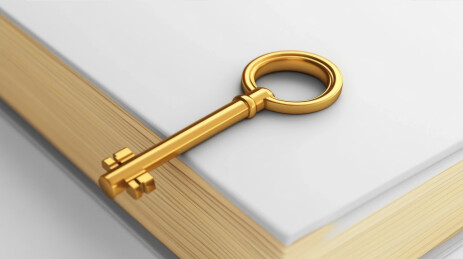 白色书籍上放着一把金钥匙知识概念插画