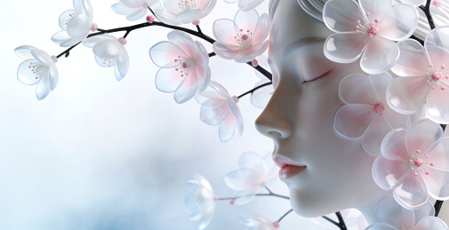 3D渲染梦幻花卉与女性侧脸背景