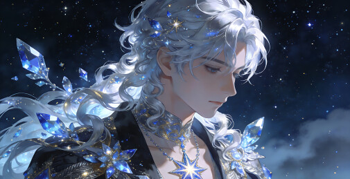 二次元动漫风格星辰水晶银发少年