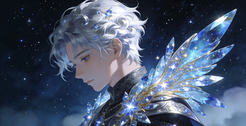 二次元动漫风格星辰水晶银发少年