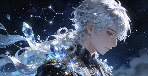 二次元动漫风格星辰水晶银发少年