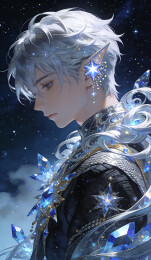 二次元动漫风格星辰水晶银发少年