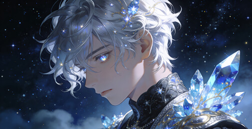 二次元动漫风格星辰水晶银发少年