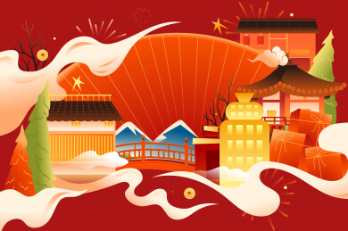 新年春节古建筑矢量插画