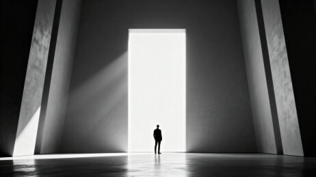 一个人站在巨大门口凝视光明未来