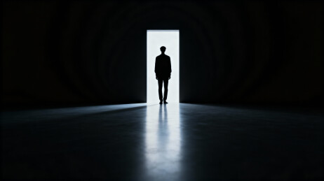 黑暗隧道中人物站在光明门口的剪影