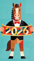 几何拼接拟人马先生西装手持2026横幅