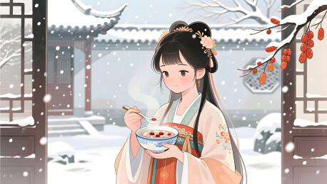 腊八节古装少女在漫天大雪中手捧热粥