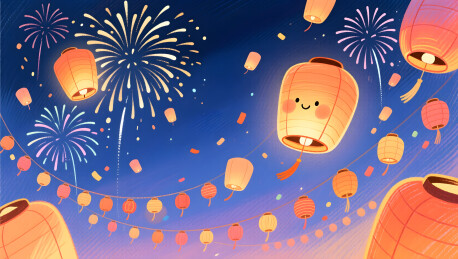 春节治愈系儿童绘本风灯笼烟花夜空