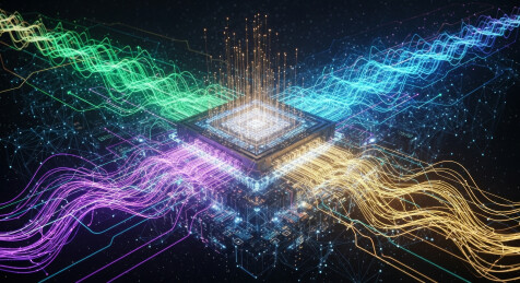 量子计算处理器与流动光波科技概念