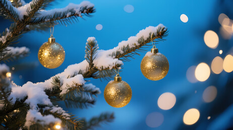 雪松枝挂金球夜景