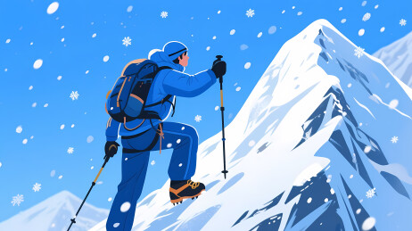 蓝衣登山者攀雪峰