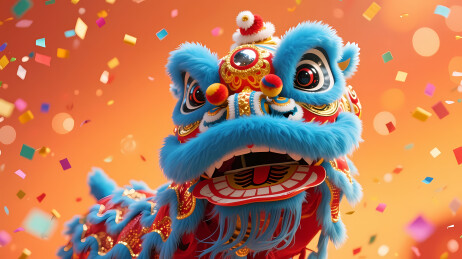 彩狮跃动橙色背景