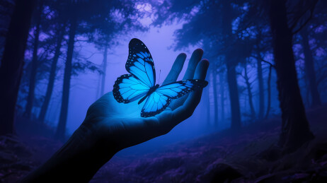手掌托发光蓝蝶
