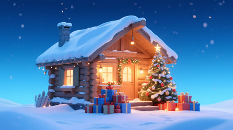 雪夜温馨圣诞小木屋