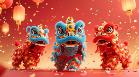 三只彩狮欢庆场景