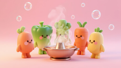 拟人蔬菜围锅嬉戏