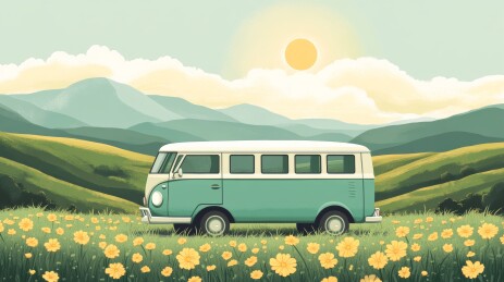 绿色巴士与向日葵田野