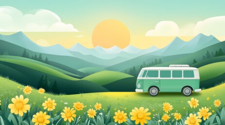 绿色巴士与向日葵田野