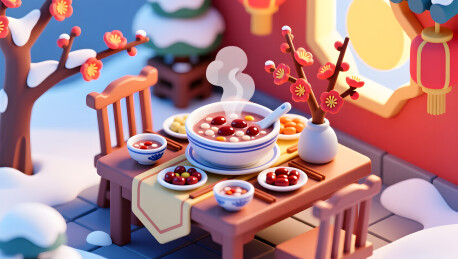 腊八粥微缩盛宴的等距场景