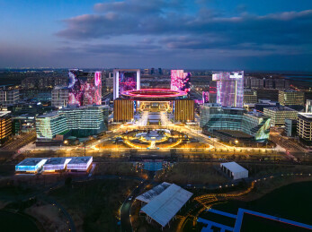 航拍上海临港滴水湖金融湾CBD夜景