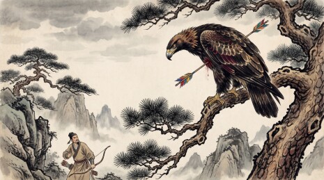 古代猎人射中松树上的猛鹰