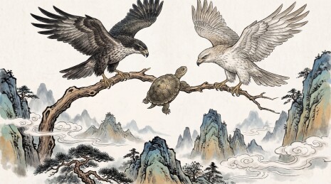 双鹰护龟山景水墨画