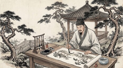 古代文人户外作画场景